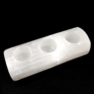 XL Natural Selenite Crystal Candle Holder Log 3 Hole HANDMADE Protect Heal Light - Picture 1 of 7