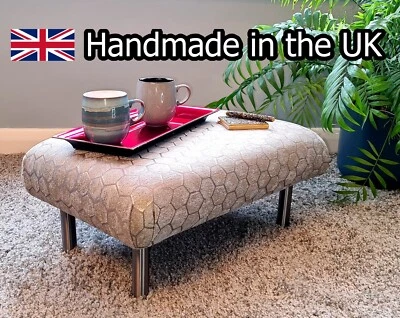 Footstool Coffee Table with Iridescent Silver-Effect Hexagon Upholstery - Image 1 of 4