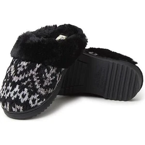 NEW DEARFOAMS Allison Chenille Fairisle Scuff Slippers 9-10 Black Faux Fur Lined - Picture 1 of 10