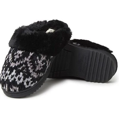 NEW DEARFOAMS Allison Chenille Fairisle Scuff Slippers 9-10 Black Faux Fur Lined - Image 1 of 4
