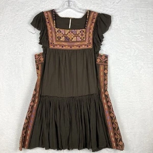 Free People Womens XS Boho Day Glow Mini Dress Olive Brown Festival Retro 70s - Picture 1 of 11