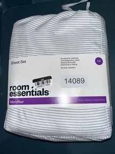 Room Essentials Microfiber Full Size Sheet Set White with Blue Stripe Carry Bag - Picture 1 of 2