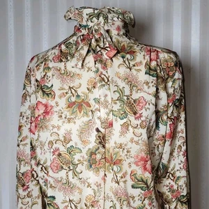 Vtg 70s Teddi of California Sz 14 Secretary Blouse Floral High Neck Ruffle Tie - Picture 1 of 9
