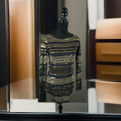 MODA INTL Sequin Blue & Gold Deep Cut Back Short Dress Or Long Sweater Size S - Image 1 of 4