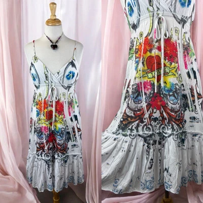 Mini Vestido Solero Blanco Arte Tatuaje Playa Verano Y2K Bling Punk Rock Gótico Grunge M Foto 1 de 4
