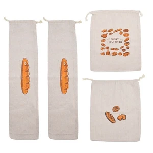 Pack of 4 Reusable Linen Bread Storage Bags Drawstring Closure Daily Use - Picture 1 of 8