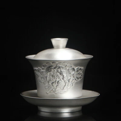 Taza de puré de plata esterlina Gaiwan 999 tapa de platillo relieve de peonía taza de cerámica Foto 1 de 4