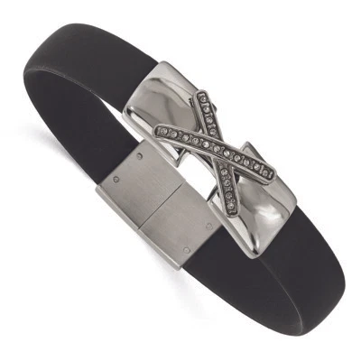 Chisel Stainless Steel Polished CZ Silicone Band Bracelet 8.5" - Image 1 of 2