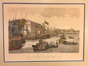 Antique Vue De Port De New York 1788 Mahogany Framed & Matted - Picture 1 of 10