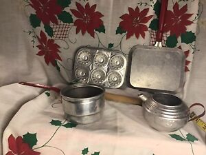 Vintage 7 PCs Metal-toy kitchen Tea Pot, Griddle, 3 Muffin Pans Wooden Roller