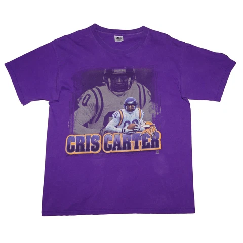 Vintage Minnesota Vikings Cris Carter Starter T-Shirt Size Large Purple NFL Cover