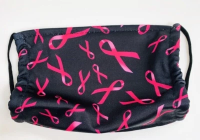 Breast Cancer Face Mask Pink Ribbon Cotton Blend Stretch Adjustable Straps Black - Image 1 of 4
