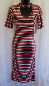 Almost Famous Midi Dress NWT Red Multi Stripe V Neck W Neck Band Polyester Blend - Picture 1 of 12