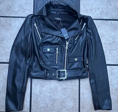 Jaqueta de Moto Bebe Feminina de Couro Multi Bolsos/Tamanho Pequeno/Cinto/Clássica - Imagem 1 de 4