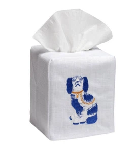 Staffordshire Dog Blue/White Natural Linen/Cotton Tissue Box Cover NWT - Picture 1 of 2