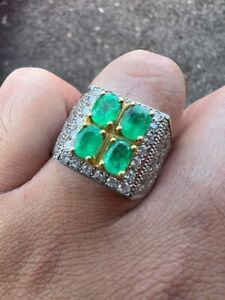 Natural Emerald Gemstone 18k White Gold Ring For Men's #1120