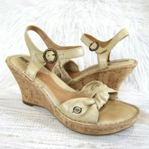 Born size 8 Shimmery Gold Tan Twist Front Jute Platform Wedge Heel Sandals EUC - Picture 1 of 9