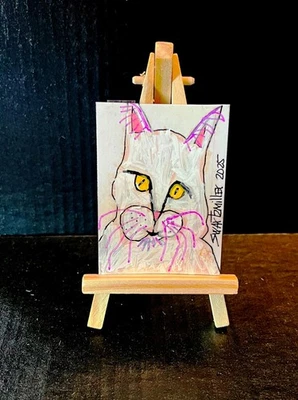acrylic POP ART WHITE CAT PAINTING 2.5 X 3.5 ACEO ATC Original SWARTZMILLER DNA - Image 1 of 4