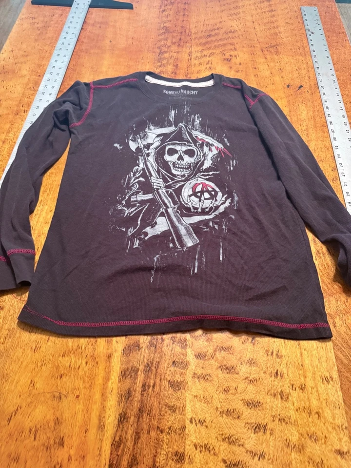 Sons Of Anarchy Thermal Shirt  Grim Reaper Skull Distressed Red Stitch Size L F8 - Image 1 of 4