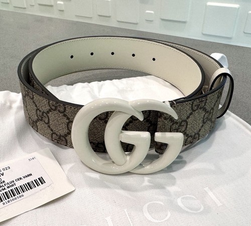Cintura unisex Gucci bianca avorio GG MARMONT SUPREME 80 32 nuova con etichetta autentica logo smaltato
