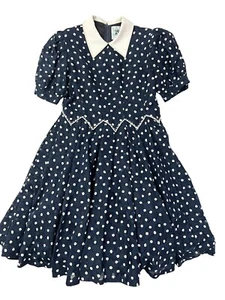 Val Max Girls Blue White Polka Dot Tea Party Dress Sz. 9 Beaded Bow Detail VTG - Picture 1 of 16