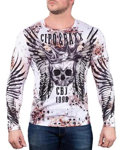 Cipo & Baxx Mens Shirt Skull Wings Rhinestone Comfort Long Sleeve Round Neck - Picture 1 of 12
