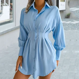 Long Shirt Mid-Length Buttons Closure Waist Tight Slim Women Shirt Lantern Long - Picture 1 of 15