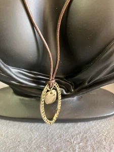 DYRBERG KERN-DANISH-GOLD PLATED PENDANT ON REAL LEATHER LONG NECKLACE- NEW - Picture 1 of 4