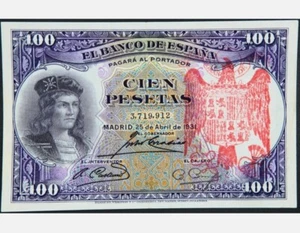 Scarce Rare Vintage 1931 Spain Commemorative 100 Pesetas Banknote - aUNC - Picture 1 of 2