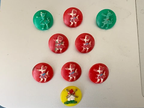 Nine Rare Vintage French Plastic Buttons for children clothes -Cats & windmill Cover
