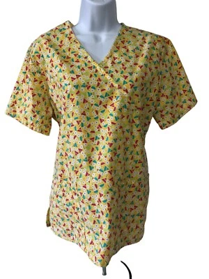 SB Scrubs Womens Scrub Top Size S Yellow w Triangles Circles Pockets Tie Back - Image 1 of 4