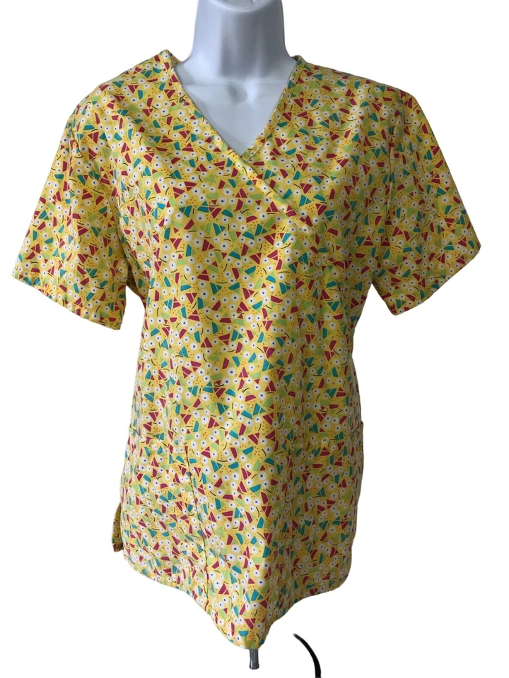 SB Scrubs Womens Scrub Top Size S Yellow w Triangles Circles Pockets Tie Back - Image 1 of 4