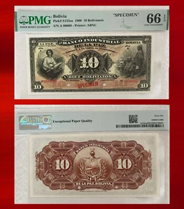 BOLIVIA BANKNOTE 10 BOLIVIANOS BANK INDUSTRIAL  1900 PMG 66 - Picture 1 of 3