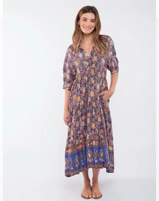 Natural Life Rebecca Midi Tiered Floral Dress in Blue Yellow Boho Womens Size L - Image 1 of 4