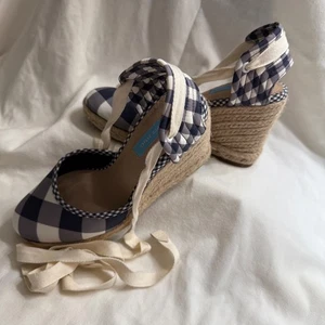 Draper James Navy Gingham Espadrille Wedges Size 7.5 Ankle Wrap Southern Chic - Picture 1 of 8