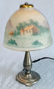 Antique 20s MOE BRIDGES Boudoir Lamp Reverse Painted Landscape Shade CABIN WOODS