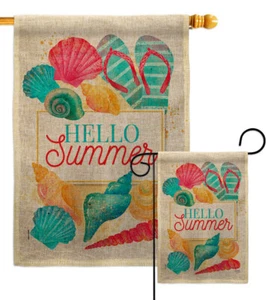 Hello Beach Time Burlap Garden Flag Coastal Decorative Gift Yard House Banner - Picture 1 of 19