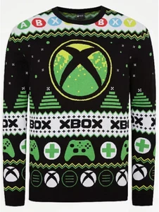 XBOX Gaming Fairisle Herren Weihnachten Xmas Strickpullover Pullover Schwarz Grün - Bild 1 von 2