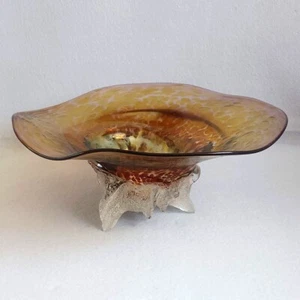 Hand Blown Gold Red Art Glass Centerpiece Bowl Signed 13-1/2" Wide - Picture 1 of 9