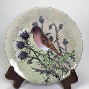 Norman & Judith Brumm Emaille über Kupferplatte mit Vogel und Distel 7 Zoll - Bild 1 von 7