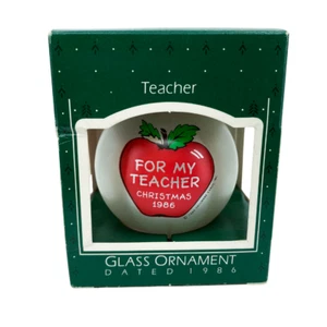 Vintage Hallmark Ornament for Teacher White Glass Ball with Apple Print 1986 NEW - Picture 1 of 4