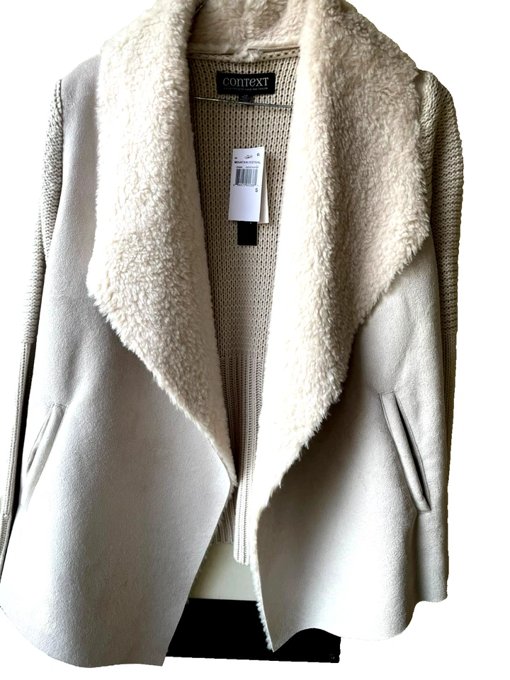 Cardigã feminino Context Lord & Taylor exclusivo branco macio camurça sintética novo com etiquetas pequeno - Imagem 1 de 4