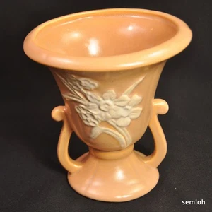 Weller Pottery 6 3/4" Vase 2 Lyre Handles Ivory Cameo Rose Matte Peach 1927-1935 - Picture 1 of 12