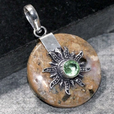 925 Silver Plated Peruvian Pink Opal Peridot Jewellery Pendant Size 1.8" GW - Image 1 of 3