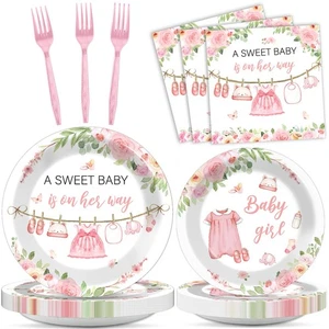 96pcs Floral Baby Girl Baby Shower Plates And Napkins Decoration Pink Girl Party - Picture 1 of 7