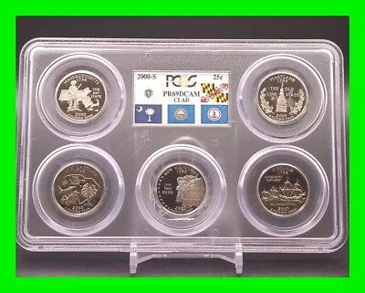 Proof Set 2000-S Quarters 25c PCGS PR69 DCAM Deep Cameo MA MD SC NH VA - 5 Coins - Image 1 of 4