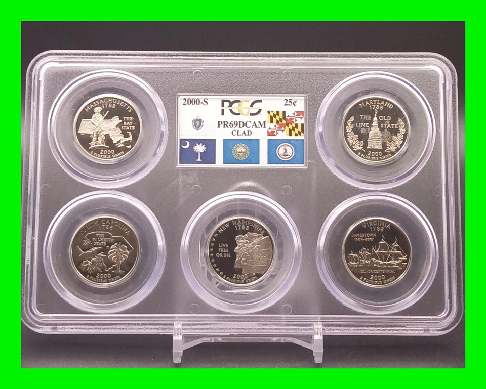 Proof Set 2000-S Quarters 25c PCGS PR69 DCAM Deep Cameo MA MD SC NH VA - 5 Coins - Image 1 of 4