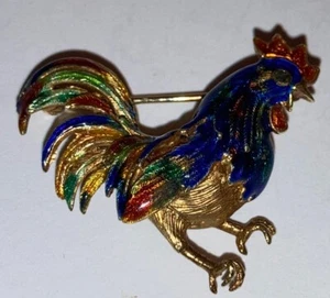 Beautiful Vintage 14k Gold Rooster Multi Color Enamel Brooch Pin - Picture 1 of 9