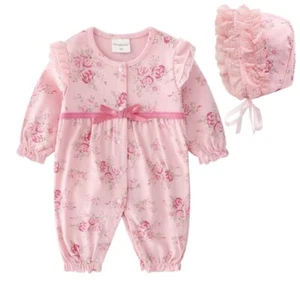 Baby Girl Floral Cotton ROMPER And Bonnet Hat Set Long Sleeve 12 Month Pink - Picture 1 of 12