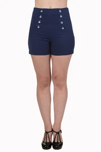 Blue Rockabilly Vintage 50's Anchor Buttons High Waist Shorts BANNED Apparel - Picture 1 of 3